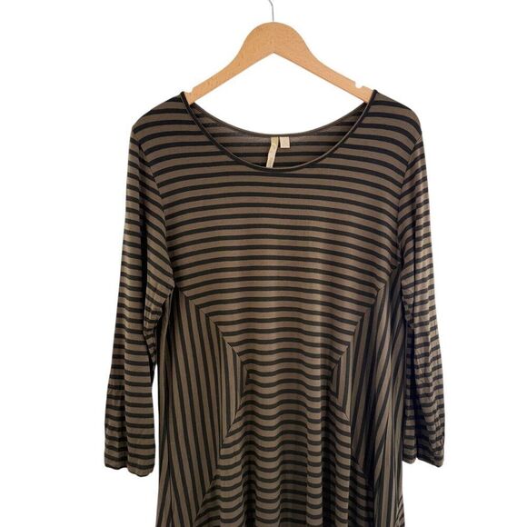 Comfy USA Jersey Knit Brown Striped Fit & Flare T-Shirt Dress Large Flowy - Picture 2 of 15